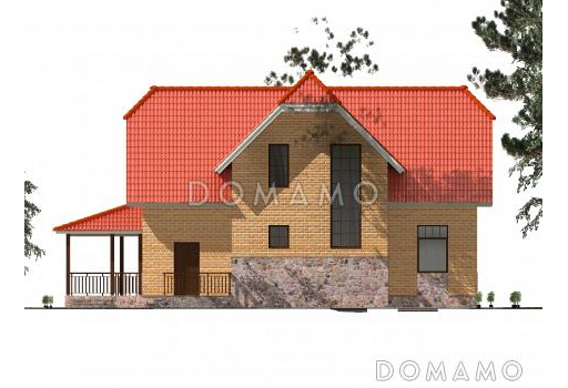 Проект полутораэтажного коттеджа с яркой облицовкой и открытой террасой / Фасад 4