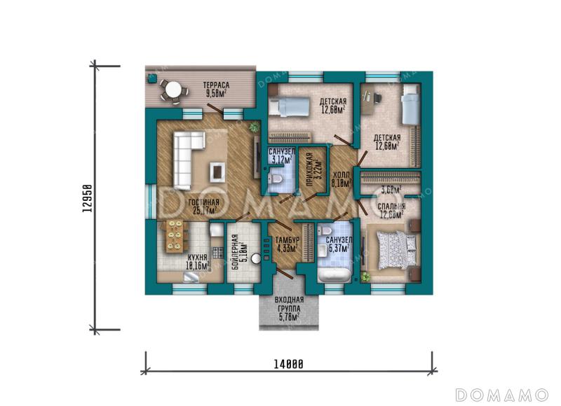 Проект дома из газобетона с тремя спальнями, двумя санузлами и небольшой террасой / План 1 этажа