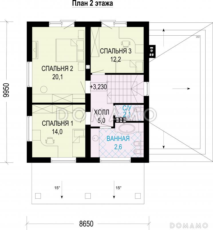Проект двухэтажного дома с гаражом, террасой и камином в гостиной / План 2 этажа