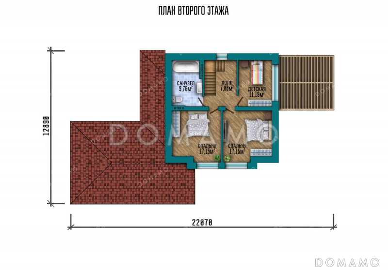 Проект одноэтажного дома с мансардой, большой террасой и навесом на два автомобиля / План мансардного этажа