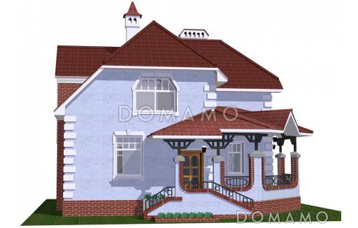 Проект коттеджа с вальмовой крышей и террасой. / Фасад 1