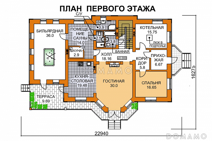 Проект дома из пеноблоков с бильярдной и небольшой сауной / План 1 этажа Проект дома из пеноблоков с бильярдной и небольшой сауной / План 1 этажа