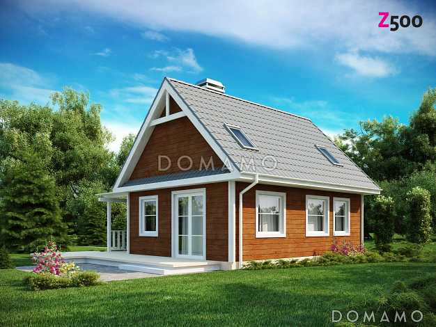 Проект компактного одноэтажного мансардного дома из кирпича с тремя спальнями и фронтальной террасой Проект компактного одноэтажного мансардного дома из кирпича с тремя спальнями и фронтальной террасой