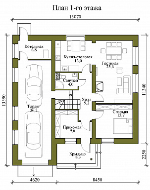 Проект двухэтажного газобетонного дома с гаражом на два машиноместа, тремя спальнями и кабинетом на втором этаже / План 1 этажа Проект двухэтажного газобетонного дома с гаражом на два машиноместа, тремя спальнями и кабинетом на втором этаже / План 1 этажа