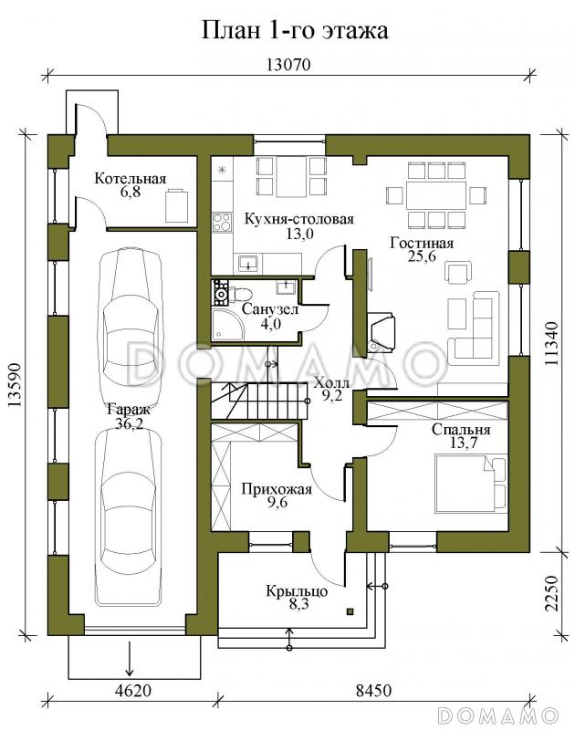 Проект двухэтажного газобетонного дома с гаражом на два машиноместа, тремя спальнями и кабинетом на втором этаже / План 1 этажа
