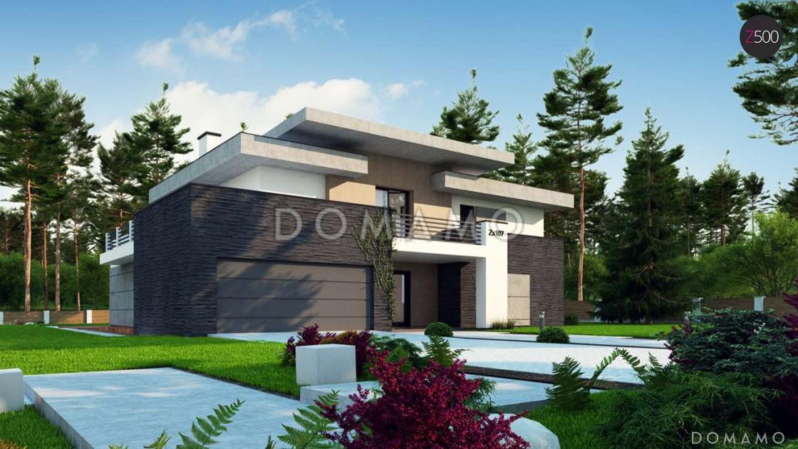 Проект современного просторного двухэтажного дома из кирпича с гаражом и просторными террасами на обоих уровнях / 3