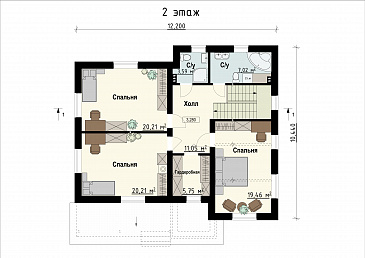 Проект двухэтажного дома с террасой, большой кухней-гостиной, кладовой / План 2 этажа Проект двухэтажного дома с террасой, большой кухней-гостиной, кладовой / План 2 этажа