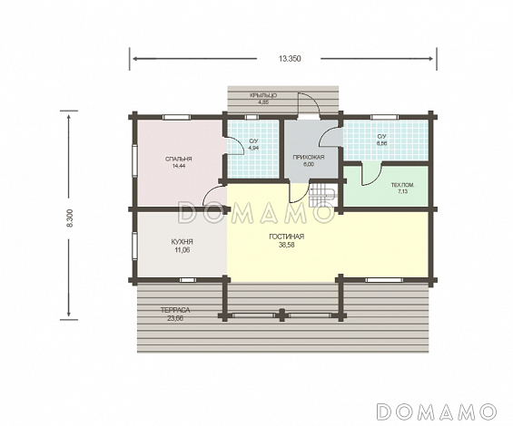 Проект двухэтажного дома из клееного бруса общей площадью более 200 м. кв. / План 1 этажа Проект двухэтажного дома из клееного бруса общей площадью более 200 м. кв. / План 1 этажа