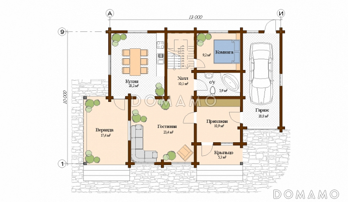 Проект дома из клееного бруса с гаражом / План 1 этажа