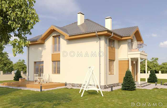 Проект загородного дома с кладовой в кухне, просторной гостиной, террасой, балконом