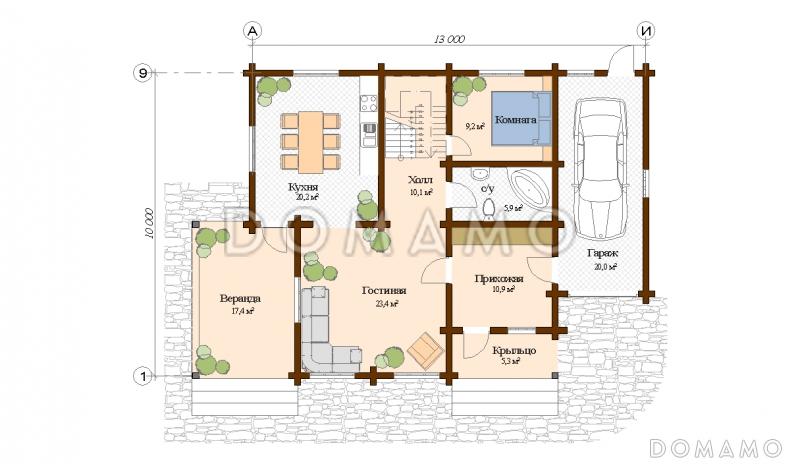 Проект дома из клееного бруса с гаражом / План 1 этажа