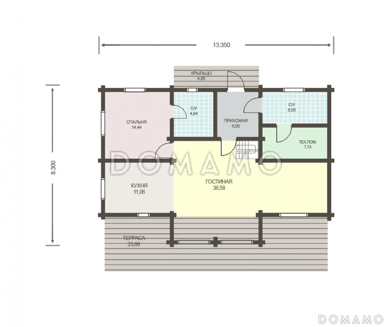 Проект двухэтажного дома из клееного бруса общей площадью более 200 м. кв. / План 1 этажа Проект двухэтажного дома из клееного бруса общей площадью более 200 м. кв. / План 1 этажа