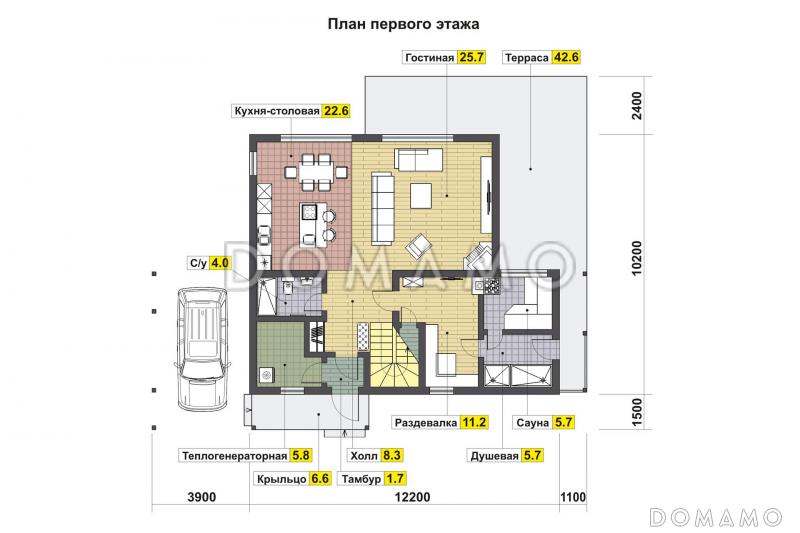 Проект дома в стиле шале с сауной и навесом для автомашины / План 1 этажа