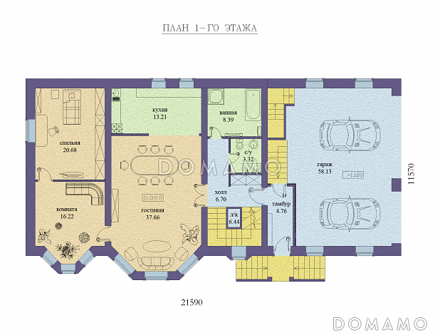 Проект двухэтажного дома с бассейном на цокольном этаже, гаражом и двумя эркерами / План 1 этажа