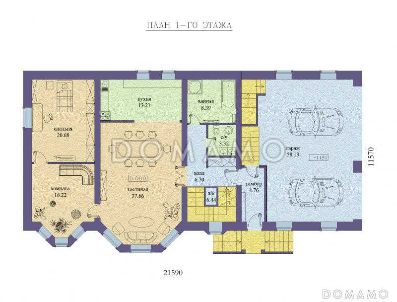 Проект двухэтажного дома с бассейном на цокольном этаже, гаражом и двумя эркерами / План 1 этажа