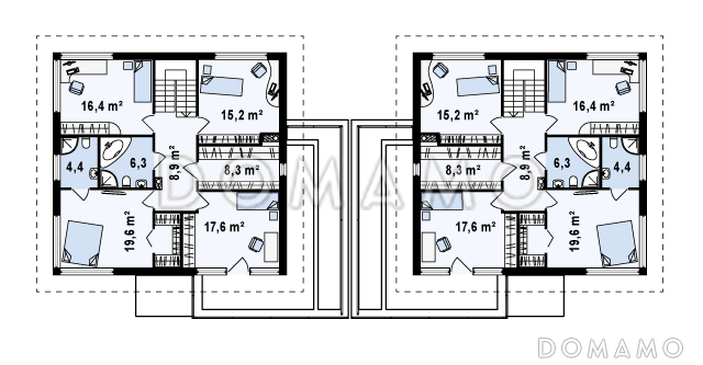 Проект двухэтажных домов-близнецов из газобетона с открытой террасой над большим гаражом  / План мансардного этажа