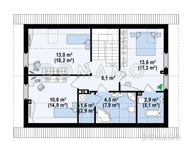 Проект одноэтажного мансардного дома из газобетона с дополнительной спальней и кабинетом на первом этаже / План мансардного этажа