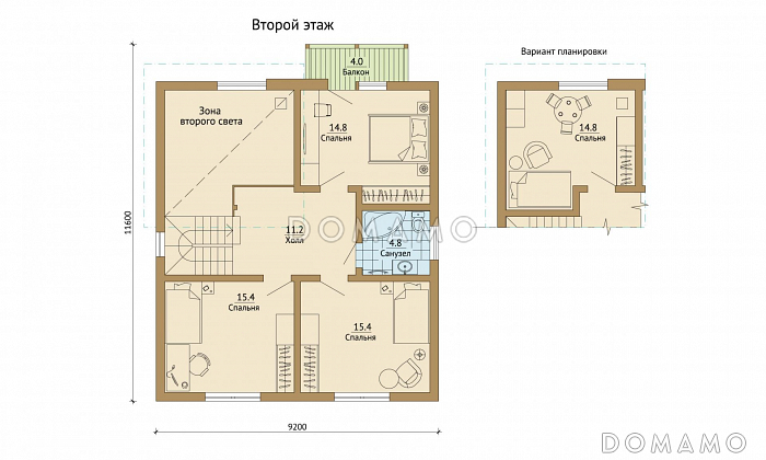 Проект каркасного дома с просторной террасой во всю ширину дома / План мансардного этажа