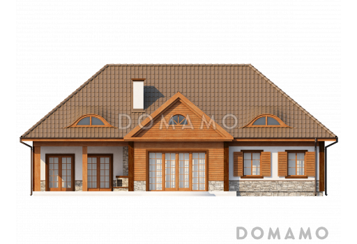 Проект просторного одноэтажного мансардного дома из газобетона с барбекю на крытой угловой террасе / Фасад 2