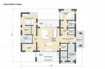 Проект дома с патио, двумя приватными зонами и кабинетом / План 1 этажа Проект дома с патио, двумя приватными зонами и кабинетом / План 1 этажа