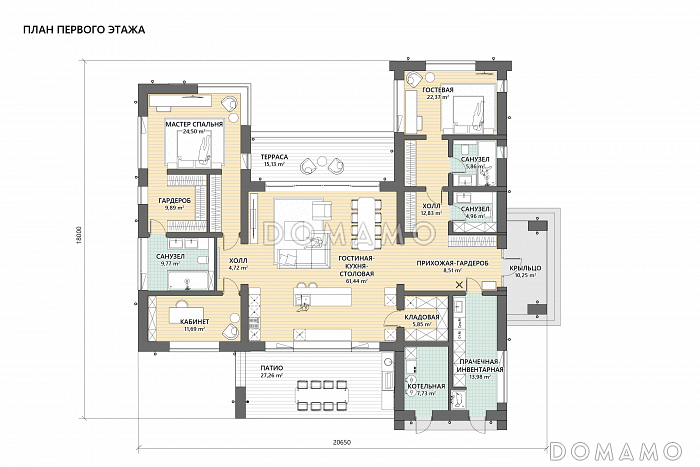 Проект дома с патио, двумя приватными зонами и кабинетом / План 1 этажа Проект дома с патио, двумя приватными зонами и кабинетом / План 1 этажа