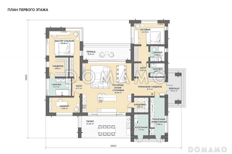 Проект дома с патио, двумя приватными зонами и кабинетом / План 1 этажа