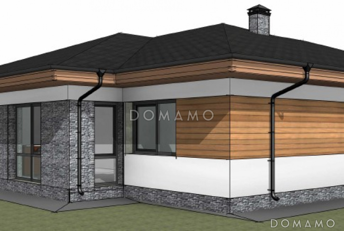 Проект одноэтажного дома с вальмовой крышей, гаражом на 2 машины, хозяйской и гостевыми спальными комнатами Проект одноэтажного дома с вальмовой крышей, гаражом на 2 машины, хозяйской и гостевыми спальными комнатами