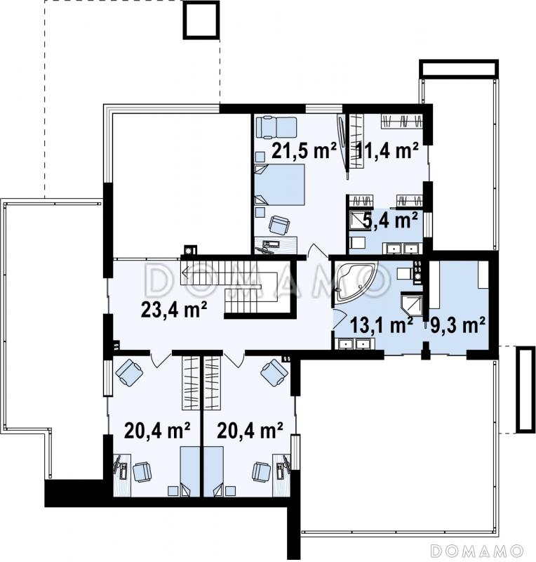 Проект большого современного двухэтажного дома из кирпича необычной формы, с тремя спальнями и кабинетом, сауной и гаражом / План 2 этажа