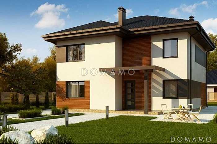 Проект двухэтажного дома с балконом, кабинетом и спальней на первом этаже, тремя спальными комнатами на втором Проект двухэтажного дома с балконом, кабинетом и спальней на первом этаже, тремя спальными комнатами на втором