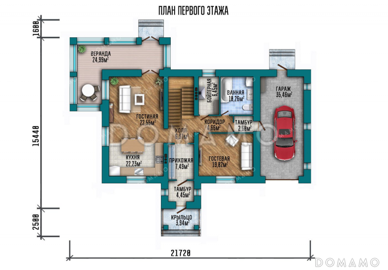 Проект дома с просторной верандой и гаражом / План 1 этажа