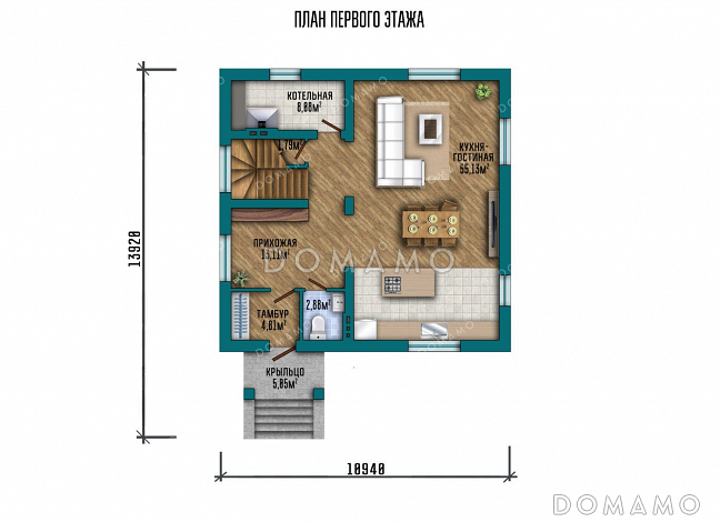 Проект одноэтажного дома с мансардой и тремя спальнями / План 1 этажа Проект одноэтажного дома с мансардой и тремя спальнями / План 1 этажа