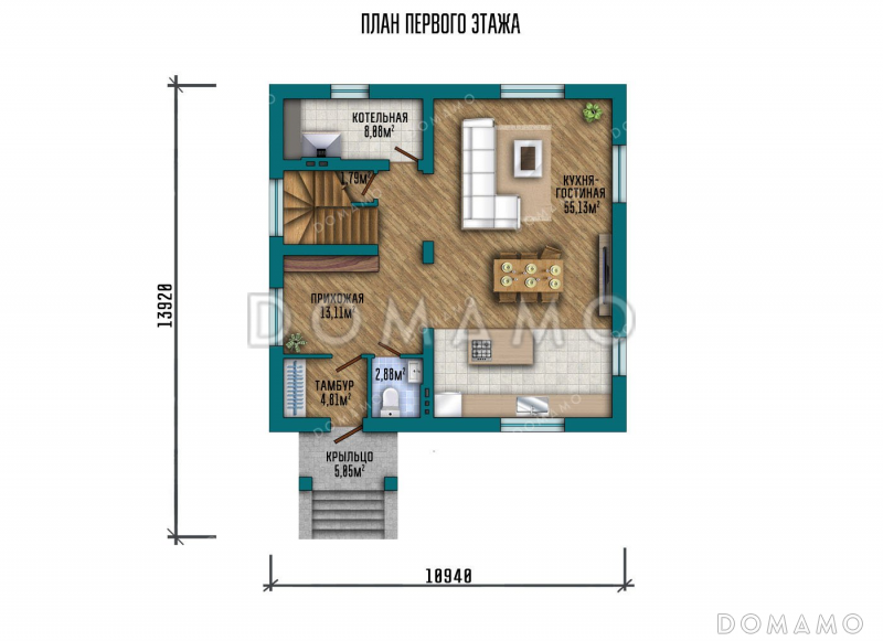 Проект одноэтажного дома с мансардой и тремя спальнями / План 1 этажа