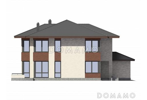 Проект загородного дома с четырьмя спальными комнатами и гаражом для одного автомобиля / Фасад 4