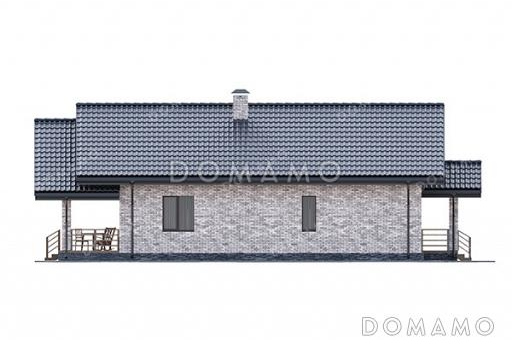 Проект выразительного одноэтажного дома с двухскатной крышей в разных уровнях, большой террасой и вторым светом / Фасад 4