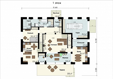 Проект загородного дома с гаражом, верандой и террасой, сауной, отдельными лестницами на мансардный этаж в гостевую и хозяйскую часть / План 1 этажа