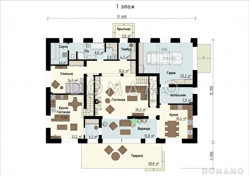 Проект загородного дома с гаражом, верандой и террасой, сауной, отдельными лестницами на мансардный этаж в гостевую и хозяйскую часть / План 1 этажа