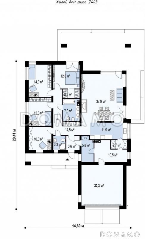 Проект комфортного одноэтажного дома из газобетона с тремя спальнями, кабинетом и гаражом / План 1 этажа