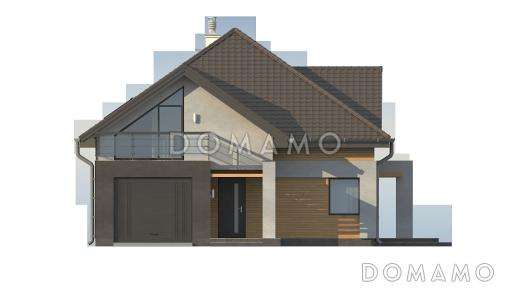 Проект одноэтажного мансардного дома из кирпича с гаражом и тремя спальнями и балконом / Фасад 1