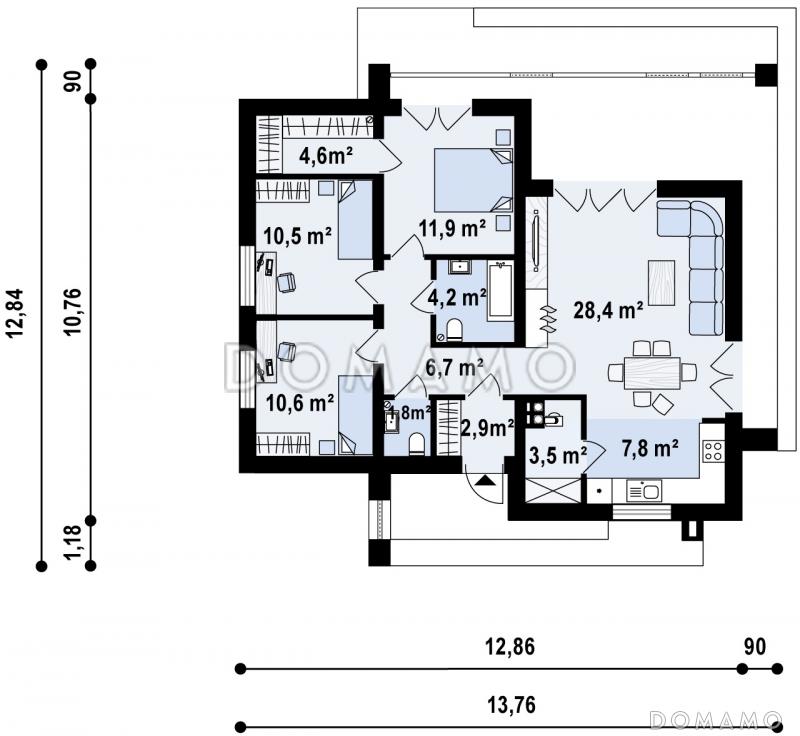 Проект компактного одноэтажного дома из газобетона с плоской крышей, с тремя спальнями и угловой крытой террасой / План 1 этажа