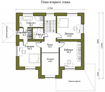 Проект двухэтажного кирпичного дома со вторым светом и детской на втором этаже / План 2 этажа Проект двухэтажного кирпичного дома со вторым светом и детской на втором этаже / План 2 этажа