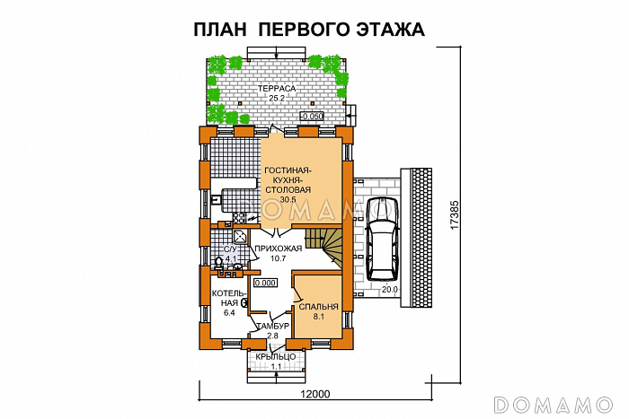 Коттедж с мансардным этажом и пристроенным навесом для машины / План 1 этажа