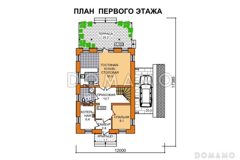 Коттедж с мансардным этажом и пристроенным навесом для машины / План 1 этажа