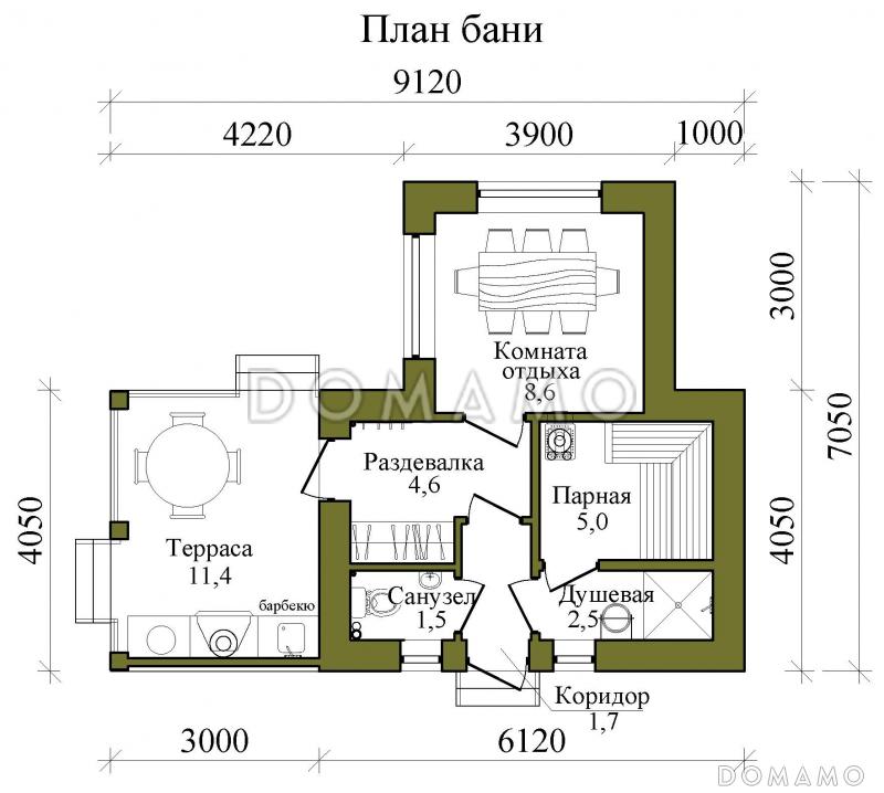 План газобетонной бани с барбекю в средневековом английском стиле / План 1 этажа