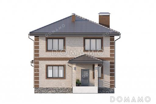 Проект квадратного двухэтажного дома с классической отделкой фасадов облицовочным кирпичом, совмещенной кухней-гостиной на первом этаже и спальной зоной на втором / Фасад 4