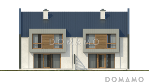 Проект современных мансардных домов-близнецов из газобетона с гаражом, тремя спальнями и красивым слуховым окном и балконом / Фасад 2