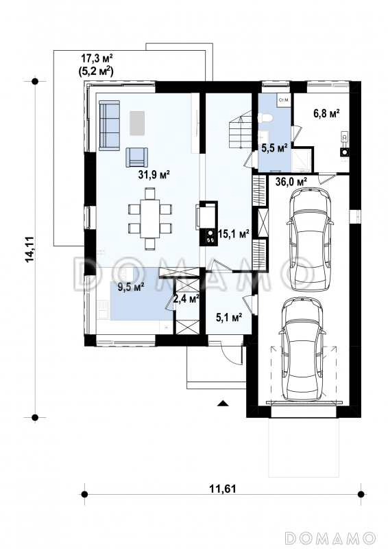 Проект двухэтажного дома из газобетона с четырьмя спальнями и удлинённым двухместным гаражом / План 1 этажа