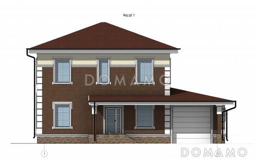 Проект загородного дома с террасой, гаражом, кабинетом, двумя детскими / Фасад 1