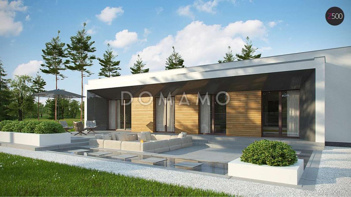Проект современного одноэтажного углового дома из кирпича с плоской крышей, с тремя спальнями и двухместным гаражом / 1