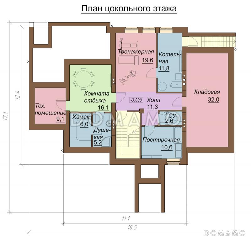 Проект двухэтажного дома с цокольным и мансардным этажами, с сауной и зимним садом / План цокольного этажа