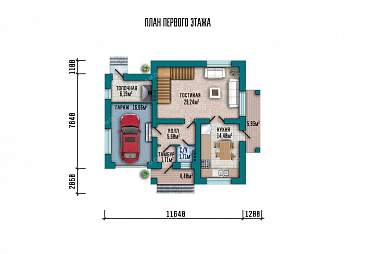 Проект одноэтажного дома с мансардой и гаражом в современном стиле / План 1 этажа Проект одноэтажного дома с мансардой и гаражом в современном стиле / План 1 этажа